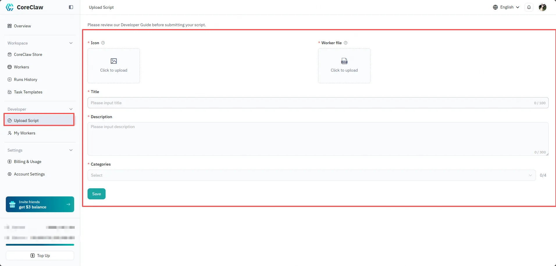 Upload Script to CoreClaw