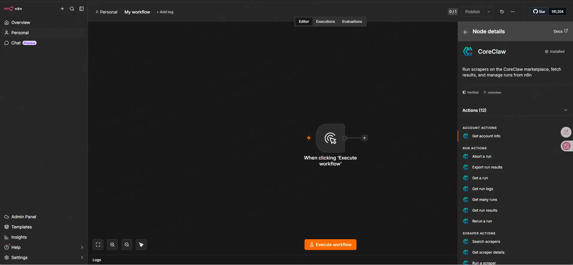 Search for CoreClaw node in n8n