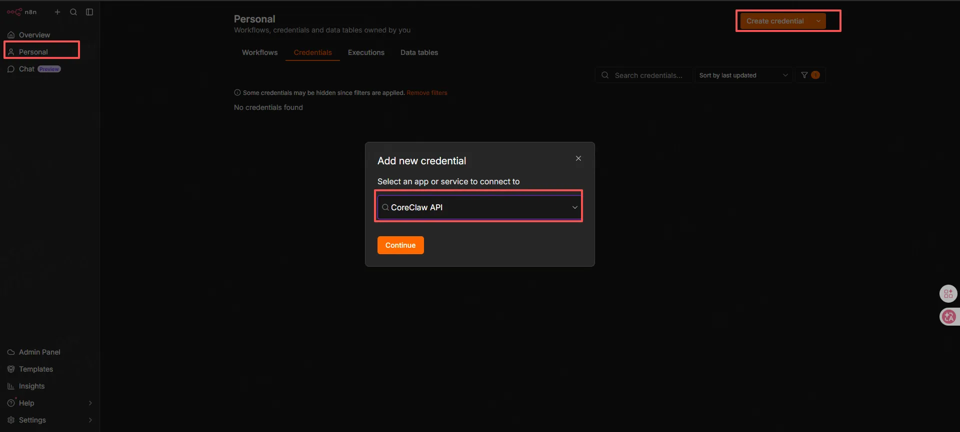 Create CoreClaw API credential