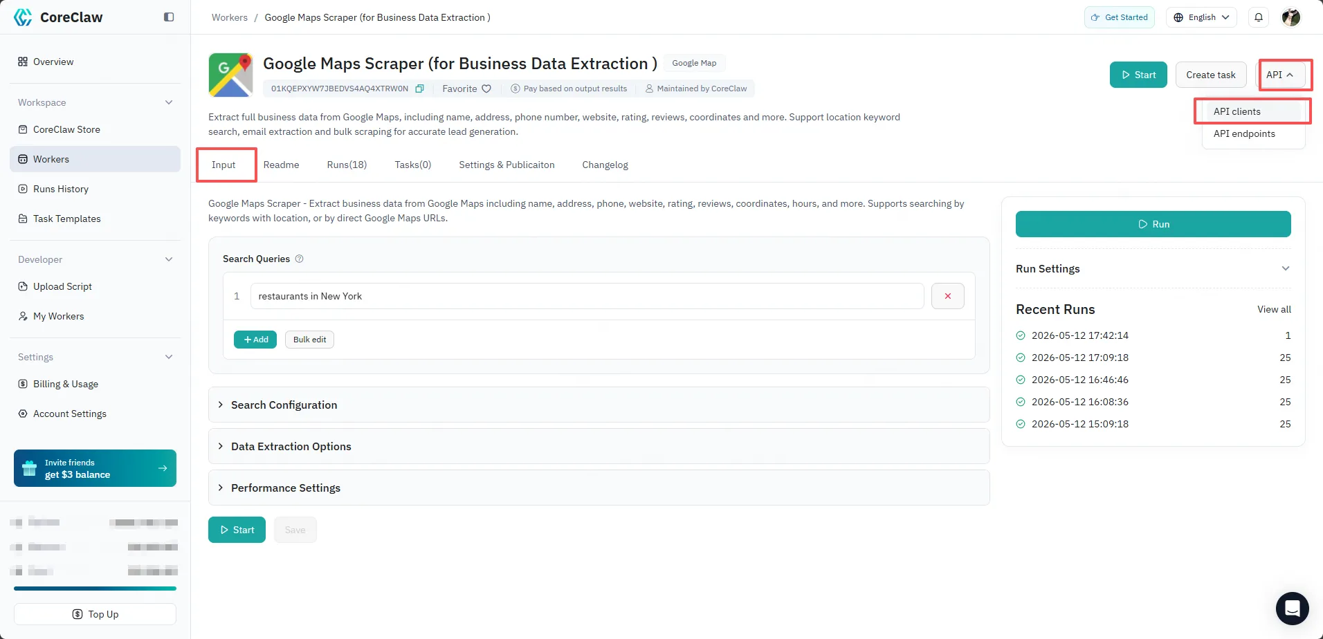 API clients button in Worker Input tab