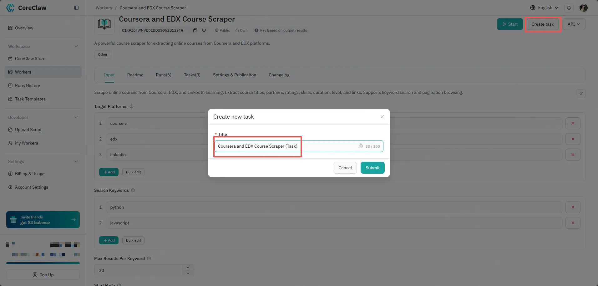 Task naming interface