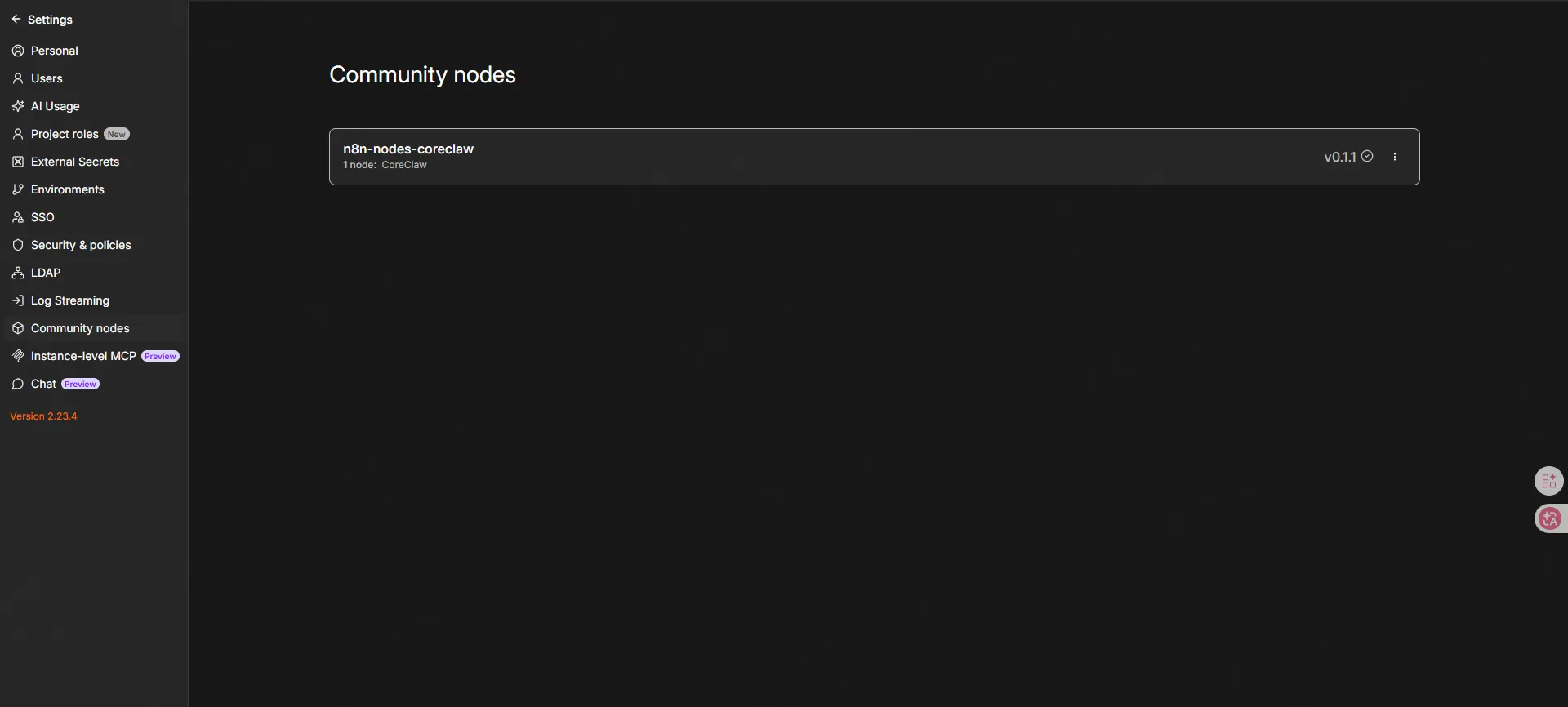 CoreClaw node in Community Nodes list
