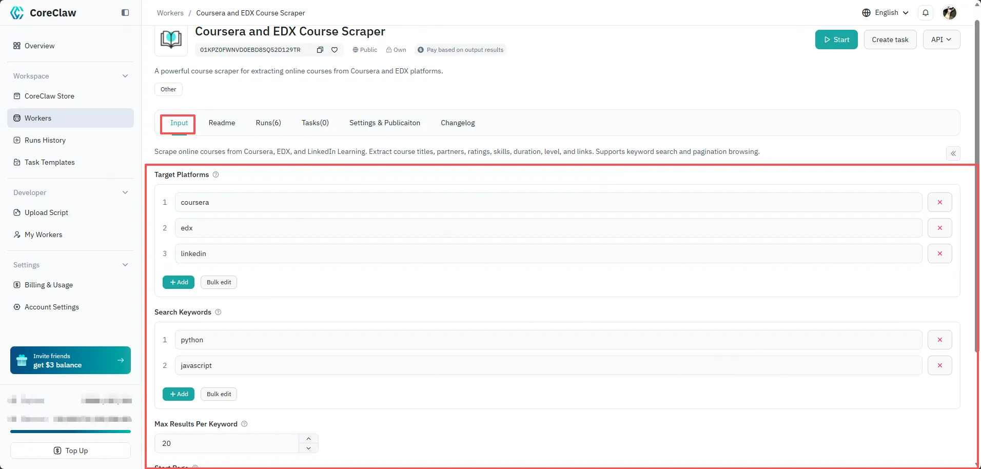 Worker configuration page