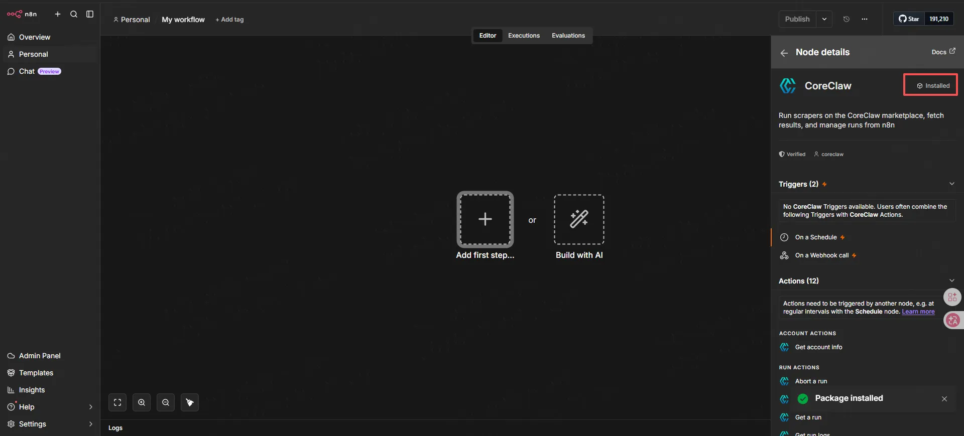 Install n8n-nodes-coreclaw package