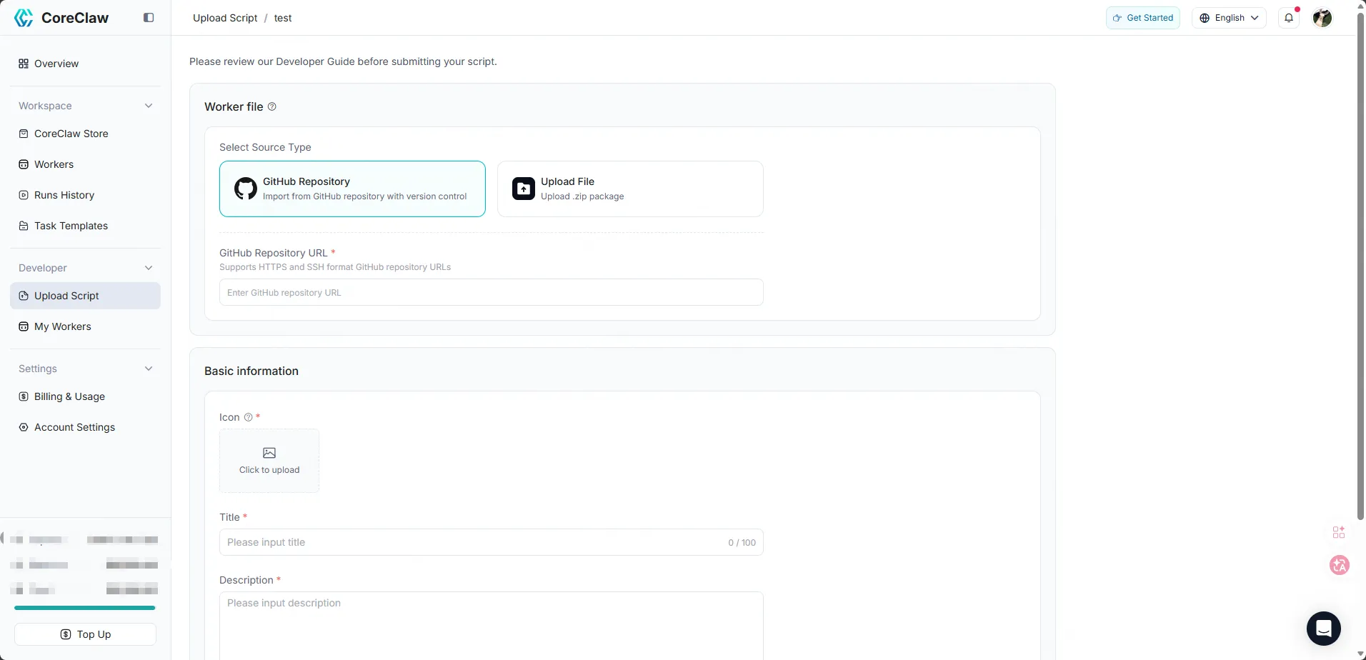 Upload Script to CoreClaw